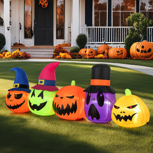 9 Feet Inflatable Pumpkin Patch Family with Built-in LED Lights and Witch Hats