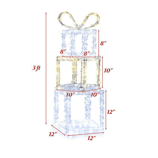 Stacked Lighted Gift Boxes Set of 3 Pre-Lit Christmas Present Box Lights