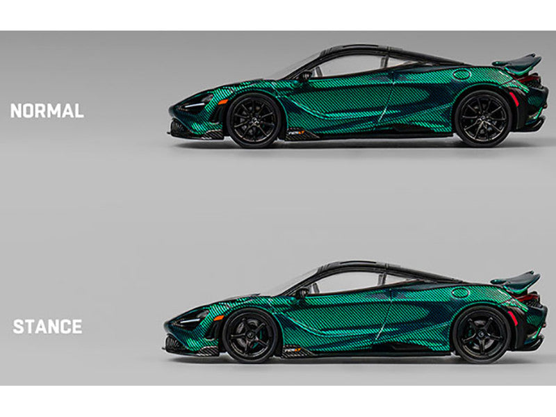 McLaren 765LT Green Carbon Metallic with Black Top and Extra Wheels 1/64 Diecast Model Car by CM Model