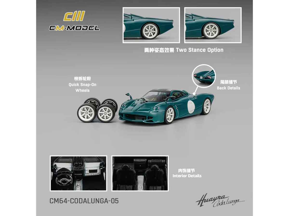 Pagani Huayra Codalunga Green with Sunroof and Extra Wheels 1/64 Diecast Model Car by CM Model