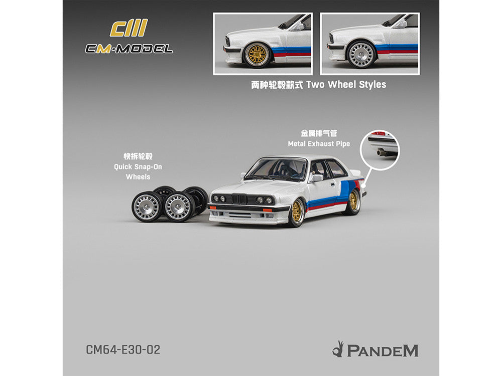 Pandem E30 V1 White with Stripes and Extra Wheels 1/64 Diecast Model Car by CM Models