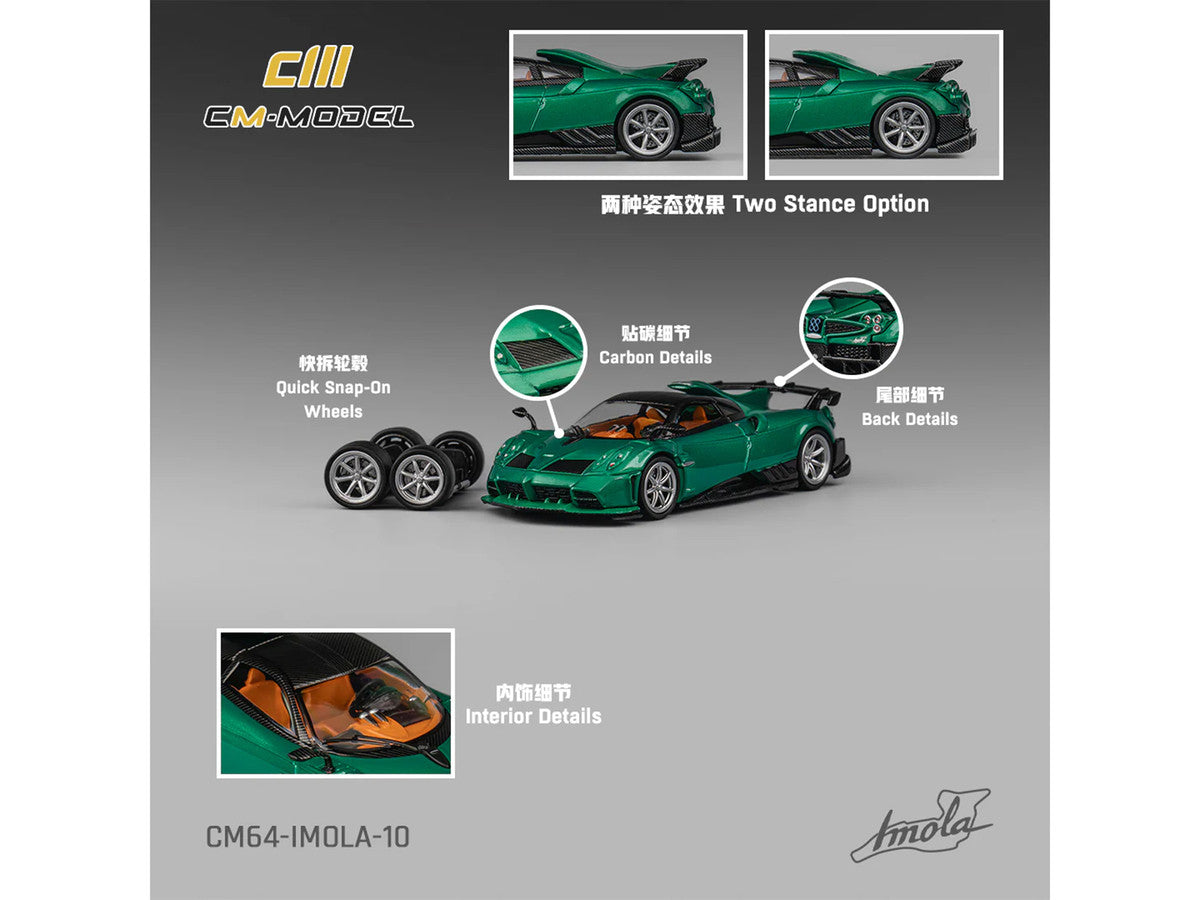 Pagani Imola Emerald Green Metallic with Carbon Top and Extra Wheels 1/64 Diecast Model Car by CM Model