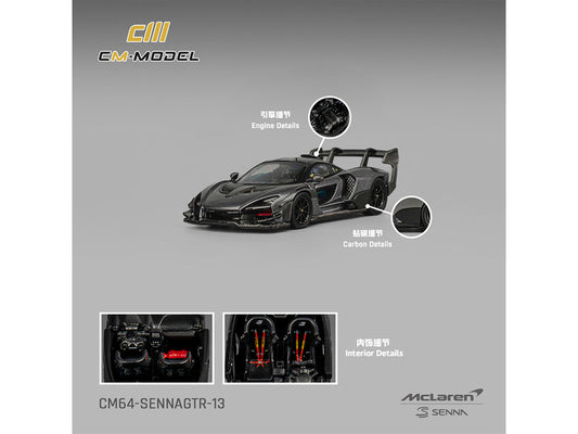 McLaren Senna GTR Dark Gray Metallic with Carbon Hood and Black Top 1/64 Diecast Model Car by CM Model