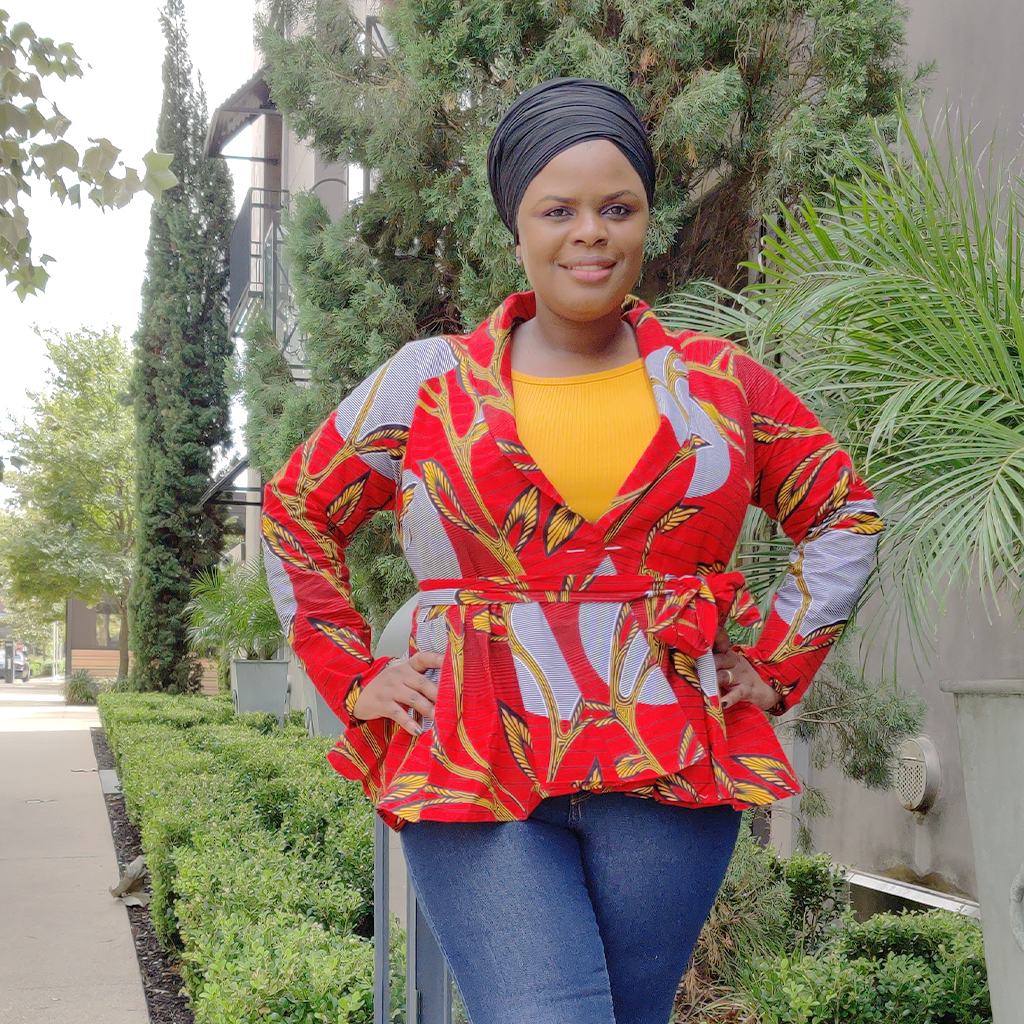 African Print  Long Sleeved Peplum Red Blouse