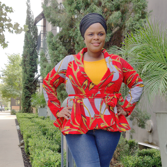 African Print  Long Sleeved Peplum Red Blouse