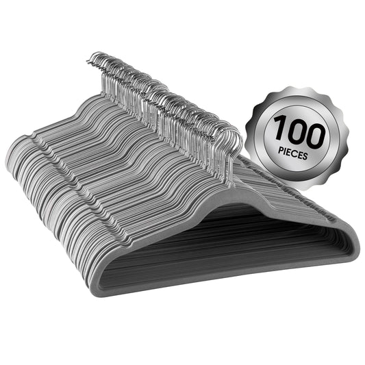 100 Piece Set of Velvet Slim Profile Heavy Duty Felt Hangers with Stainless Steel Swivel Hooks in Gray