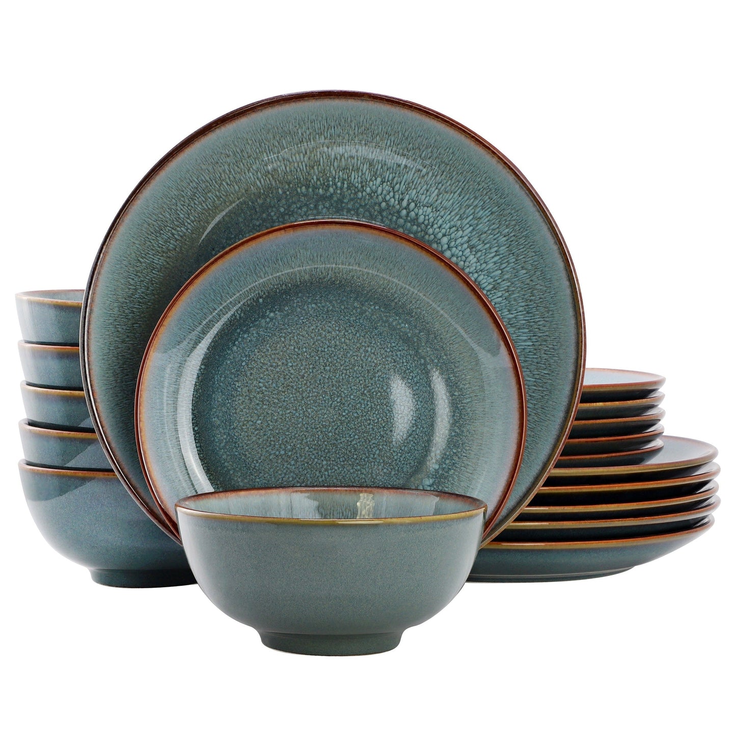 Elama Betty 18 Piece Stoneware Dinnerware Set in Blue with Brown Rim, Service for 6