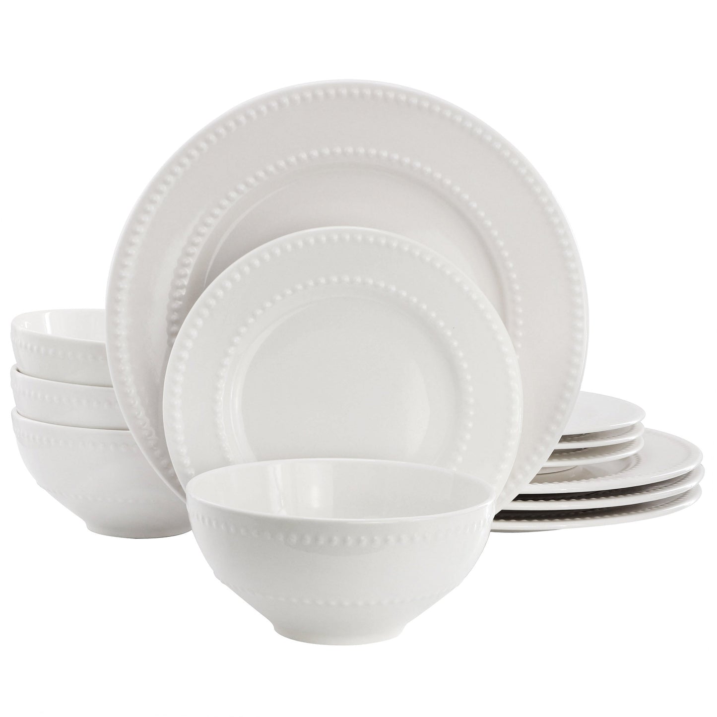 Elama Genevieve 12 Piece Embossed Dot Stoneware Dinnerware Set in White
