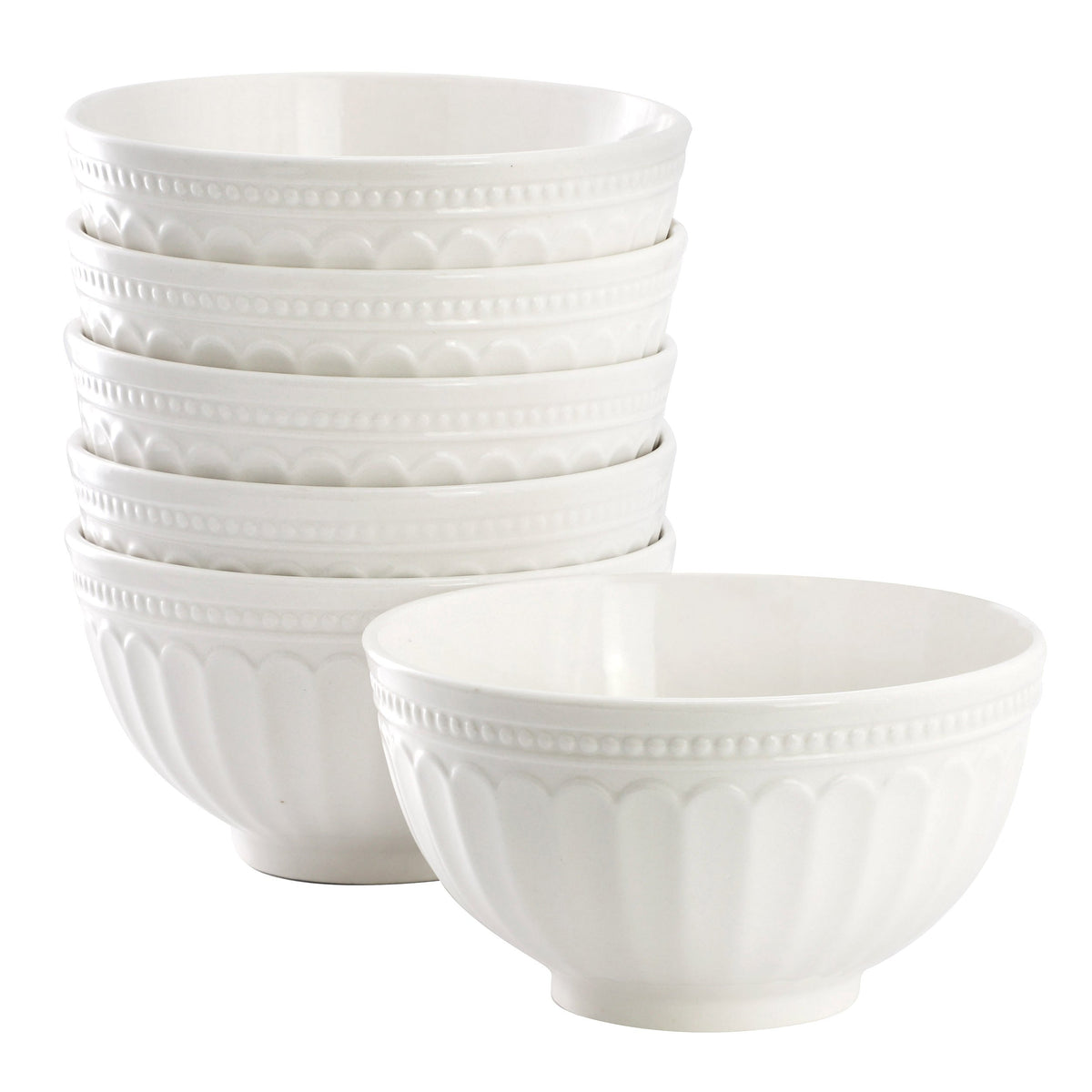 Elama Hansel 6 Piece Embossed Arch Stoneware Cereal Bowl Set in White