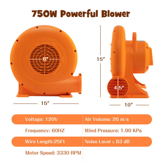 750W Air Blower (1.0HP) for Inflatables with 25 feet Wire and GFCI Plug