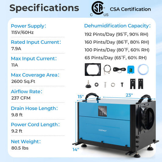 192 Pint Crawl Space Dehumidifier with 3 Modes and 24H Timer-Blue