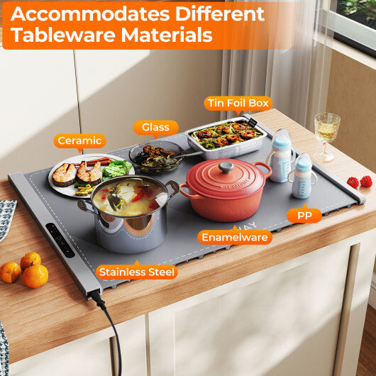 Food Warming Mat Rollable and Portable Electric Warming Tray with Fasting Heating-Gray