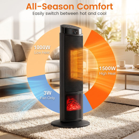 24 inch 1500W PTC Ceramic Tower Space Heater with 7-Color Flame-Black