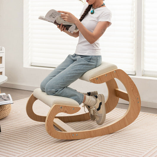 Wooden Rocking Chair with Comfortable Padded Seat Cushion and Knee Support-Black