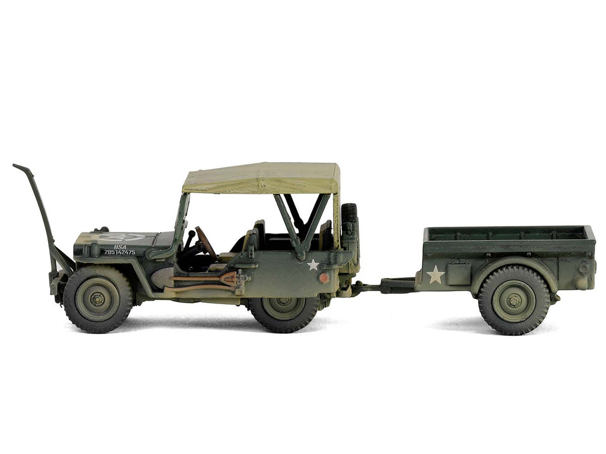 Willys MB Jeep with Trailer Olive Drab (Weathered) with Driver Figure "United States Army" "Mini AFV" Series 1/64 Diecast Model by Forces of Valor