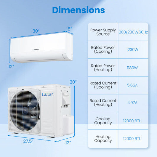 Lithzen 12000 BTU 208-230V 17 SEER2 Mini Split Air Conditioner and Heater WiFi Enabled