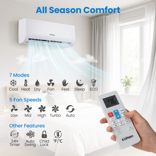 Lithzen 12000 BTU 208-230V 17 SEER2 Mini Split Air Conditioner and Heater WiFi Enabled