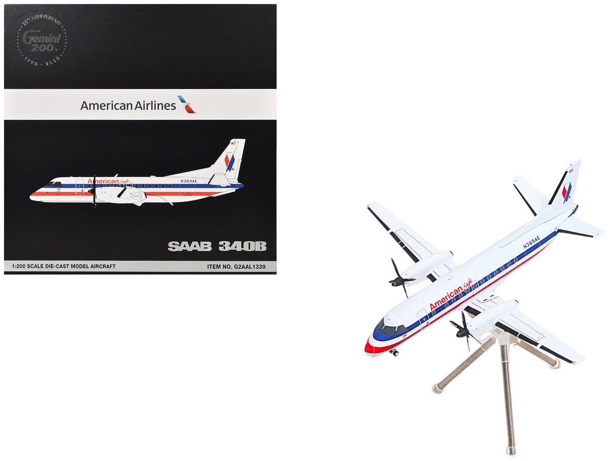Saab 340B Commercial Aircraft "American Eagle" (N389AE) White with Red and Blue Stripes "Gemini 200" Series 1/200 Diecast Model Airplane by GeminiJets