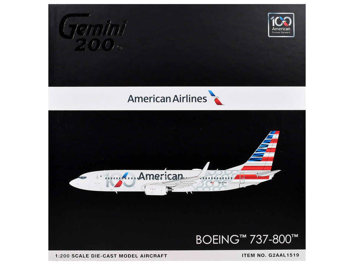 Boeing 737-800 Commercial Aircraft "American Airlines 100th Anniversary 2026" (N840NN) Gray with Tail Stripes "Gemini 200" Series 1/200 Diecast Model Airplane by GeminiJets