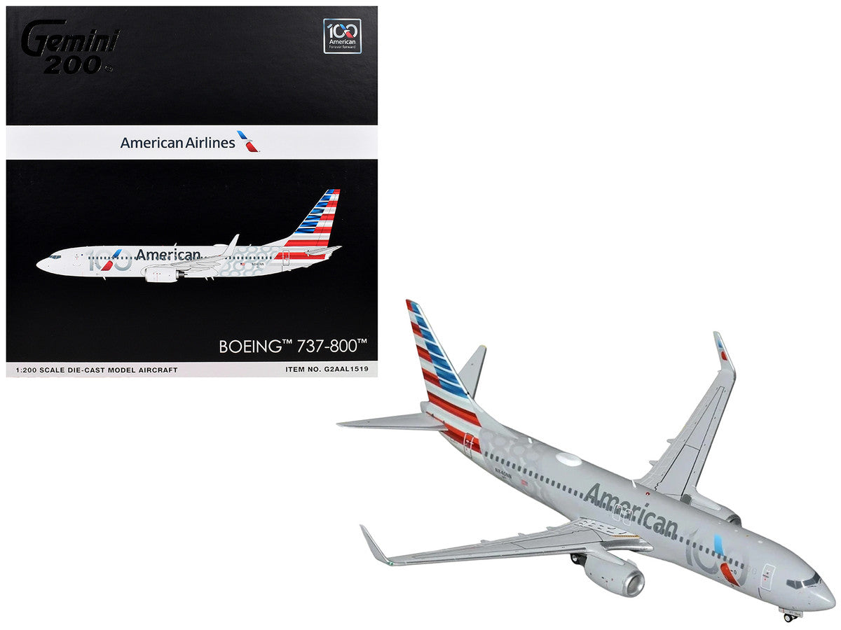 Boeing 737-800 Commercial Aircraft "American Airlines 100th Anniversary 2026" (N840NN) Gray with Tail Stripes "Gemini 200" Series 1/200 Diecast Model Airplane by GeminiJets