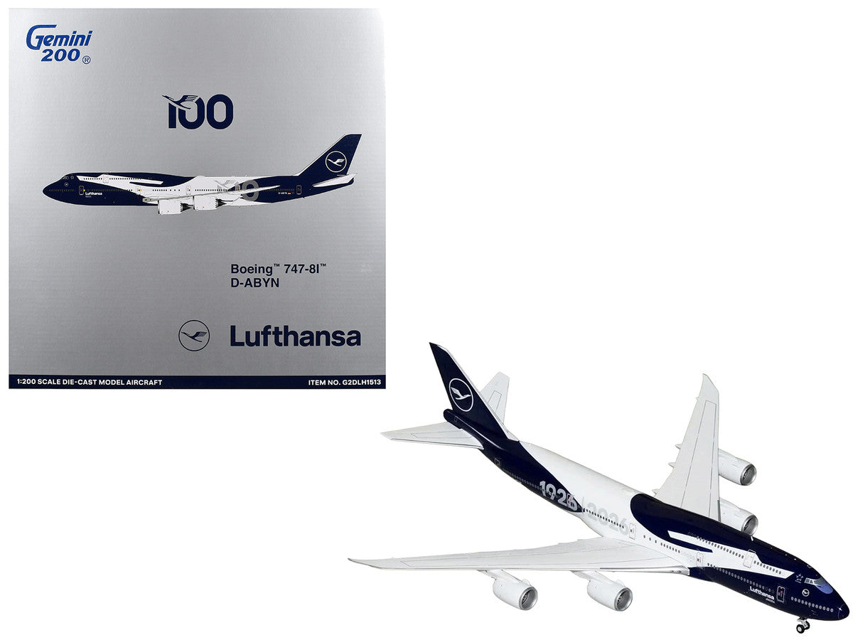 Boeing 747-8I Commercial Aircraft "Lufthansa 100 Years" (D-ABYN) Dark Blue and White "Gemini 200" Series 1/200 Diecast Model Airplane by GeminiJets