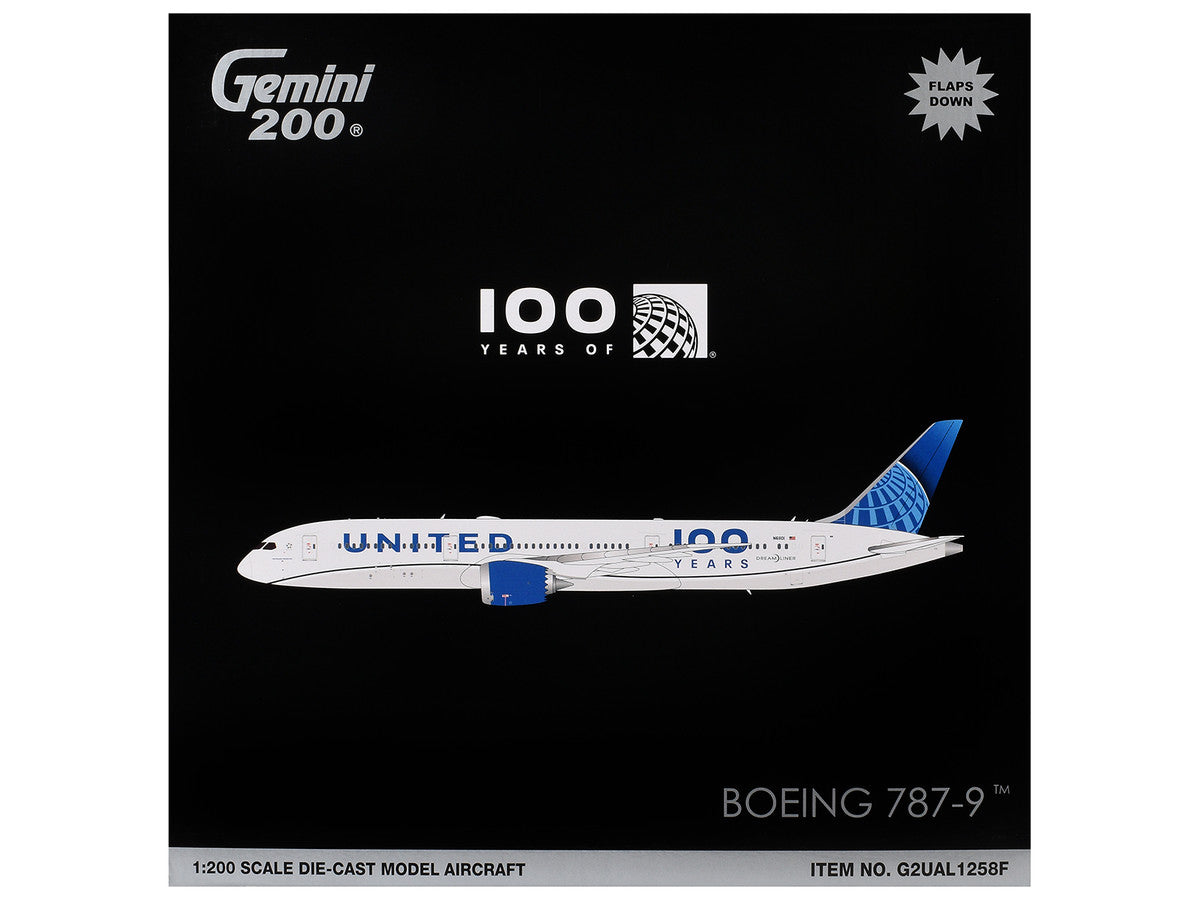 Boeing 787-9 Commercial Aircraft with Flaps Down "United Airlines 100 Years" (N61101) White with Graphics and Blue Tail "Gemini 200" Series 1/200 Diecast Model by GeminiJets