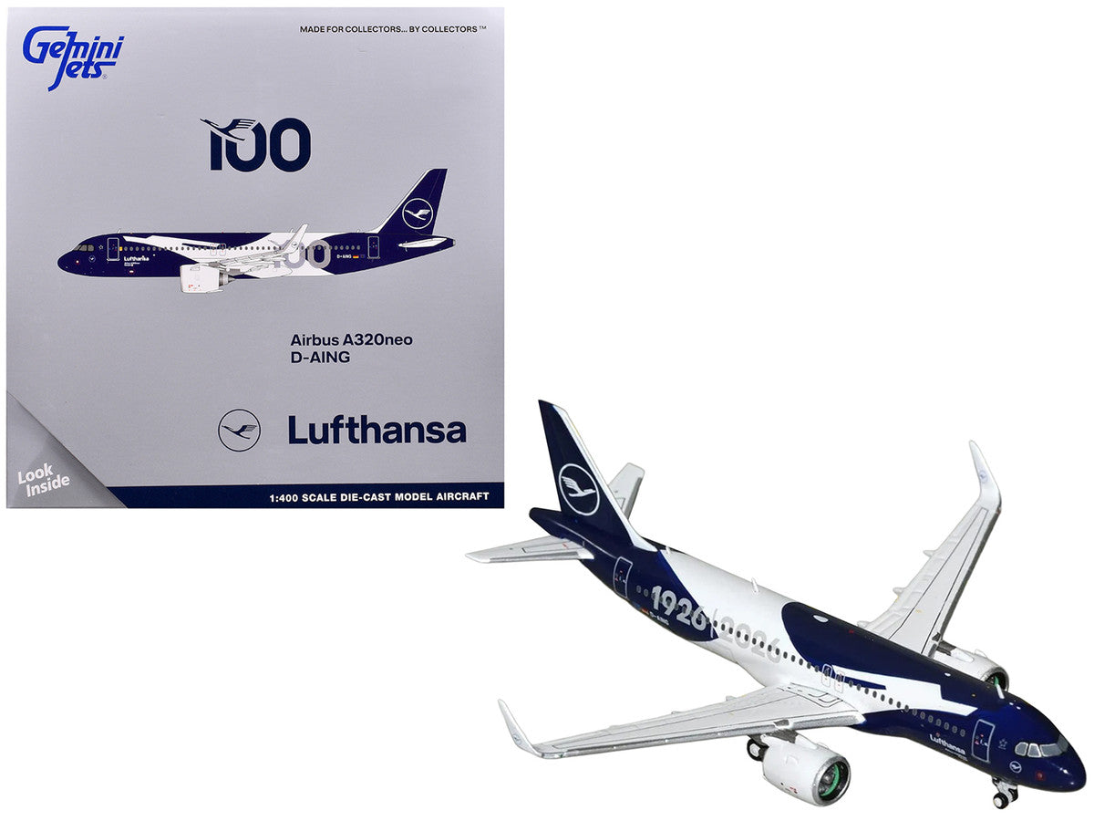 Airbus A320neo Commercial Aircraft "Lufthansa 100th Anniversary" (D-AING) White and Dark Blue 1/400 Diecast Model Airplane by GeminiJets