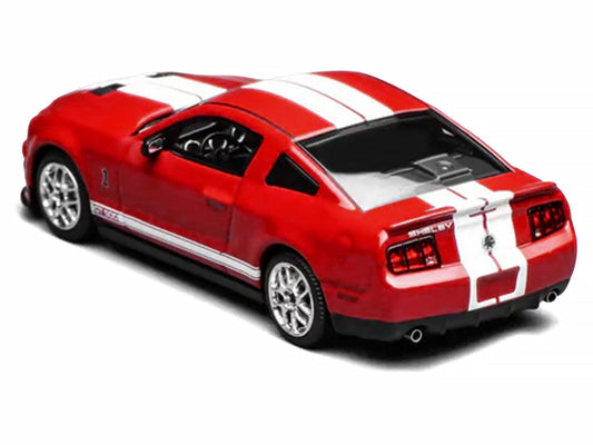 2007 Ford Mustang Shelby GT500 Torch Red with White Stripes 1/64 Diecast Model Car by MotorHelix & Greenlight