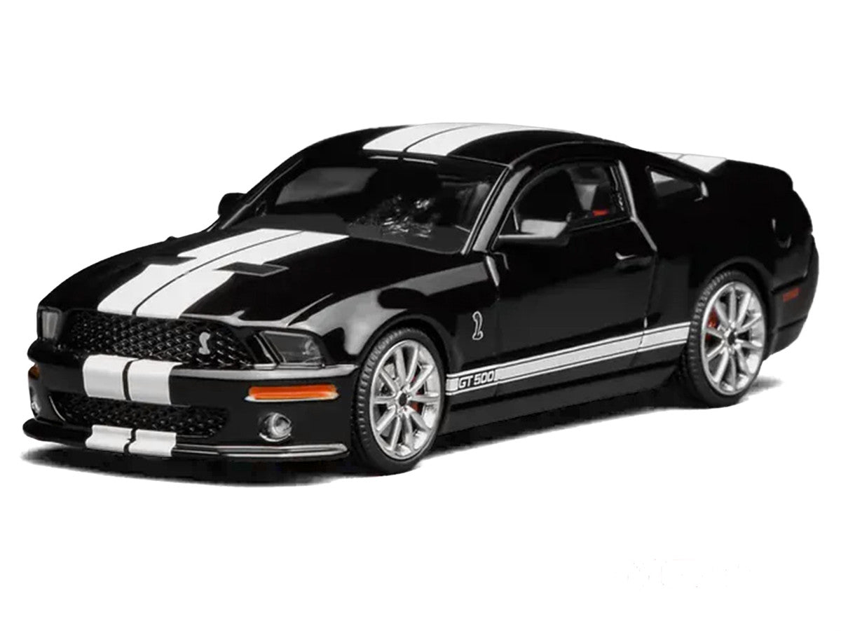2007 Ford Mustang Shelby GT500 Ebony Black with White Stripes 1/64 Diecast Model Car by MotorHelix & Greenlight