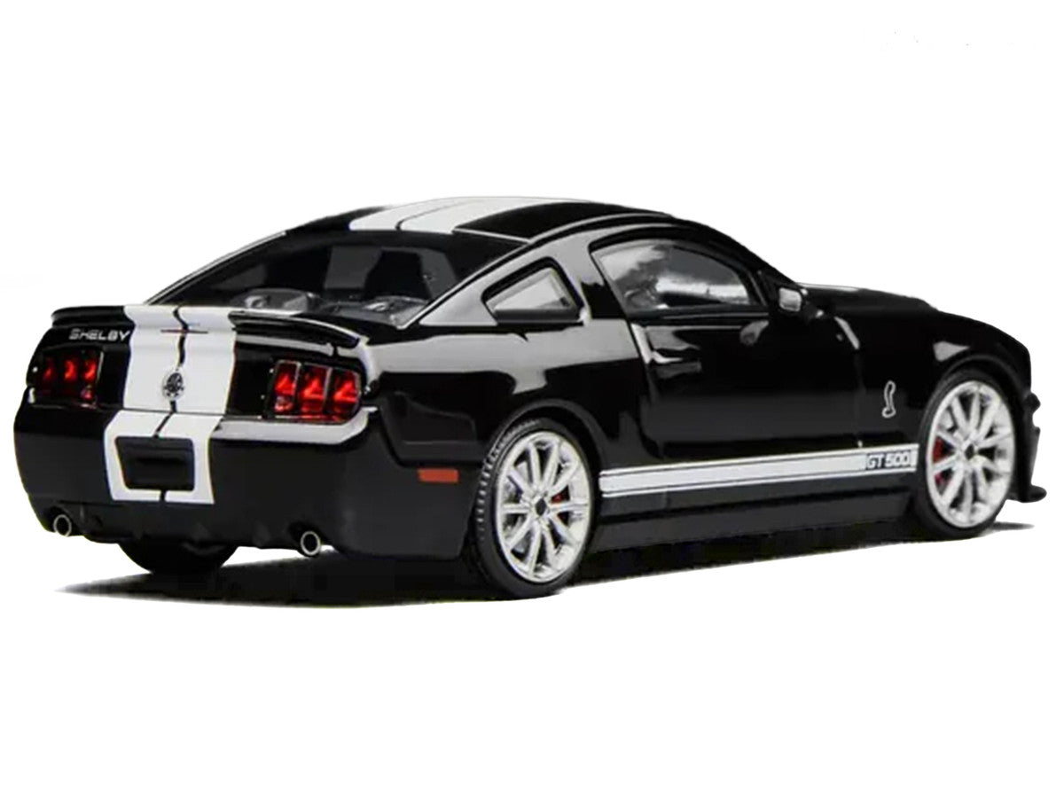 2007 Ford Mustang Shelby GT500 Ebony Black with White Stripes 1/64 Diecast Model Car by MotorHelix & Greenlight