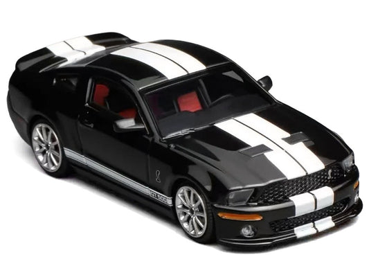 2007 Ford Mustang Shelby GT500 Ebony Black with White Stripes 1/64 Diecast Model Car by MotorHelix & Greenlight
