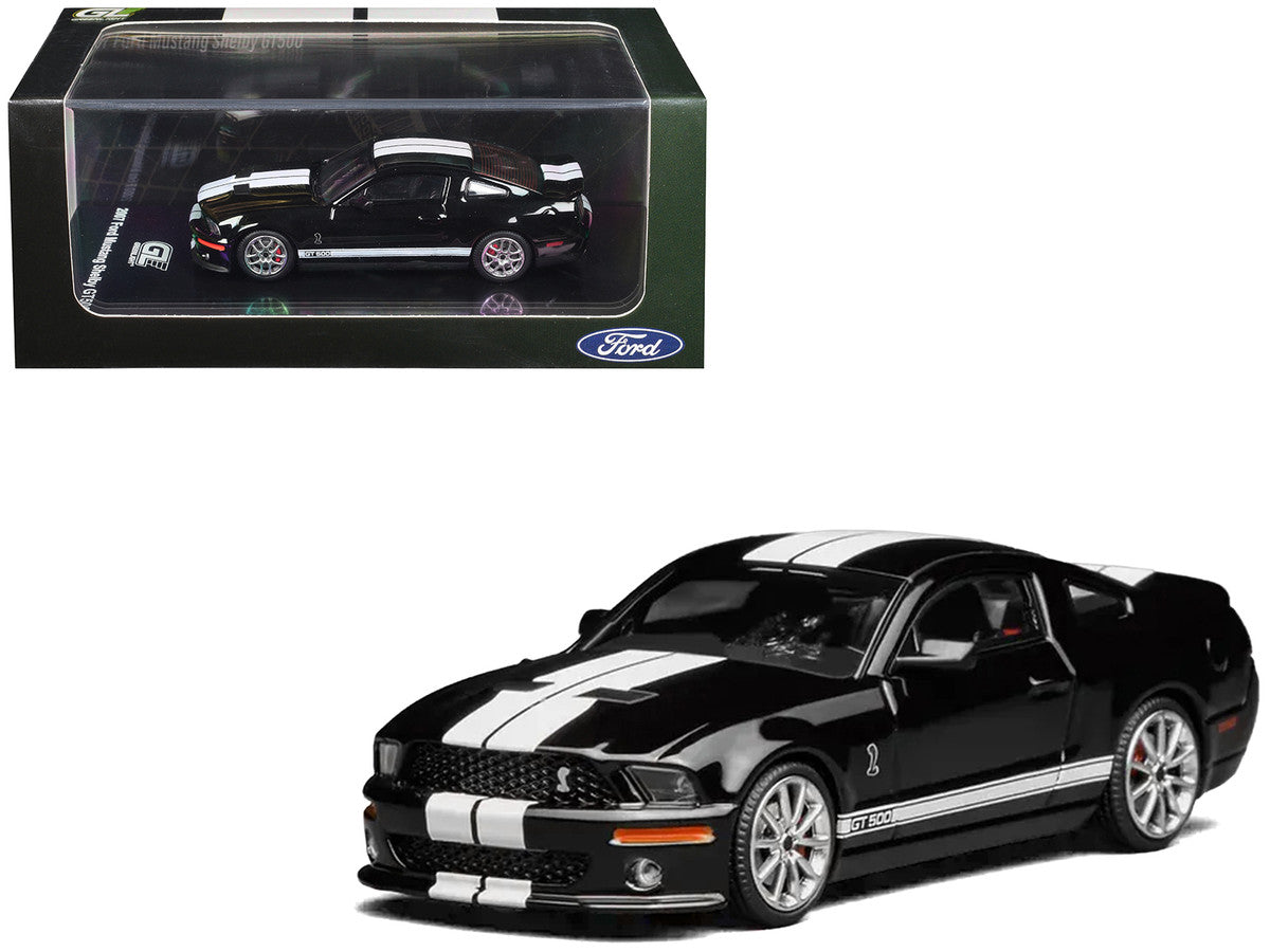 2007 Ford Mustang Shelby GT500 Ebony Black with White Stripes 1/64 Diecast Model Car by MotorHelix & Greenlight