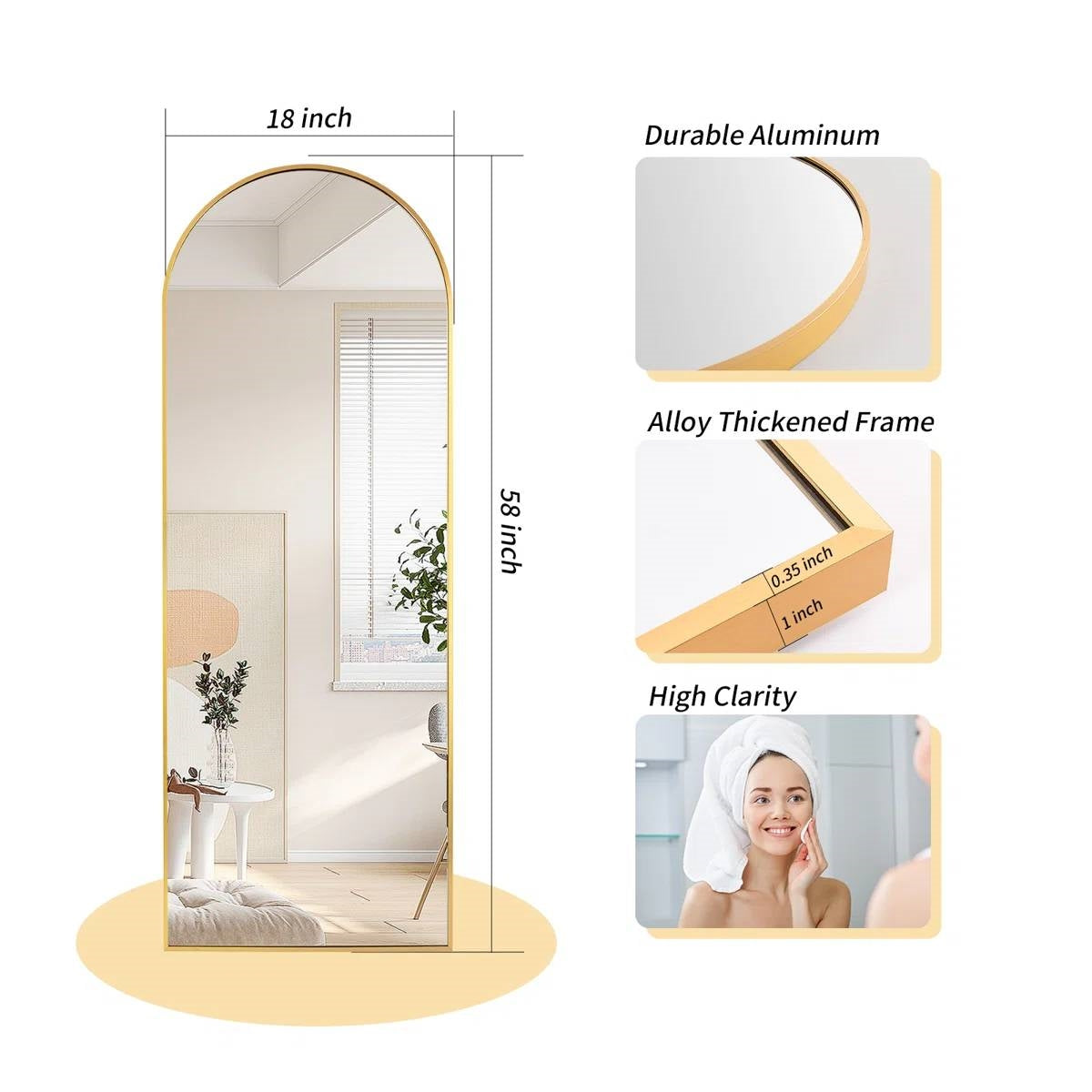 Gold 58-inch Full Length Arched Floor Mirror with Stand and Wall Hanging Screws