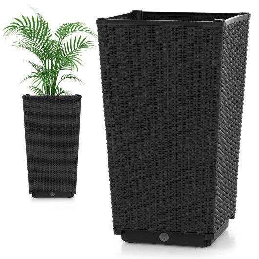 Outdoor Wicker Flower Pot Set of 2 with Drainage Hole for Porch Balcony-Brown