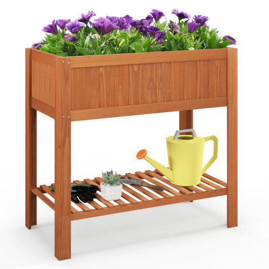Outdoor Raised Garden Bed Fir Wood Planter Box with Bottom Storage Shelf and Protective Liner-Orange