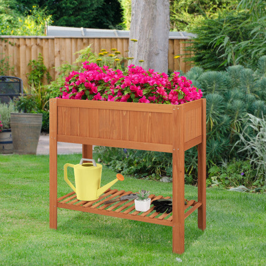 Outdoor Raised Garden Bed Fir Wood Planter Box with Bottom Storage Shelf and Protective Liner-Orange