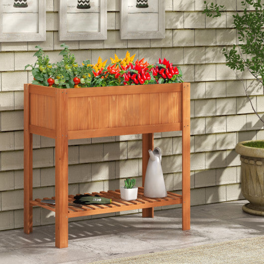 Outdoor Raised Garden Bed Fir Wood Planter Box with Bottom Storage Shelf and Protective Liner-Orange