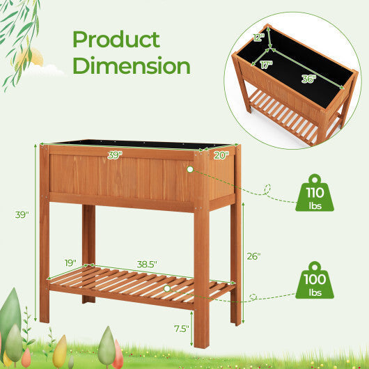 Outdoor Raised Garden Bed Fir Wood Planter Box with Bottom Storage Shelf and Protective Liner-Orange