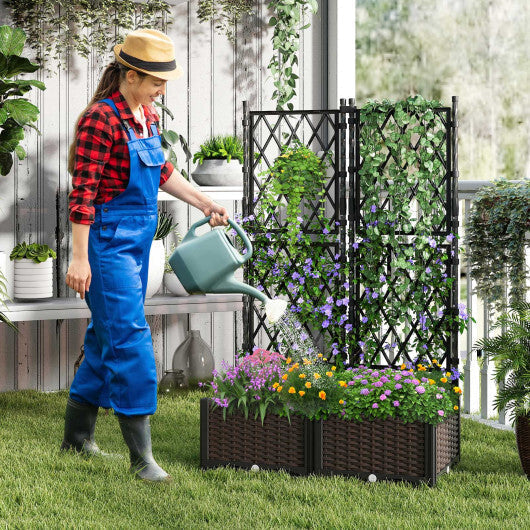 Raised Garden Bed with Lattice Trellis  Drainage Self-Watering Elevated Vertical Planter Boxes-Black