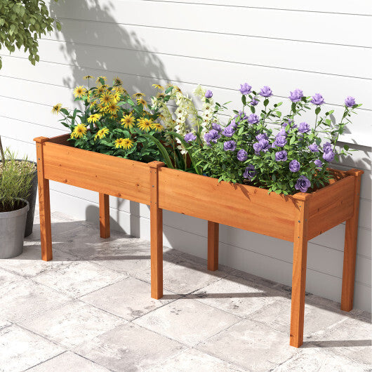Fir Wood Outdoor Raised Garden Bed with Divider Panel and Drainage Holes-Natural