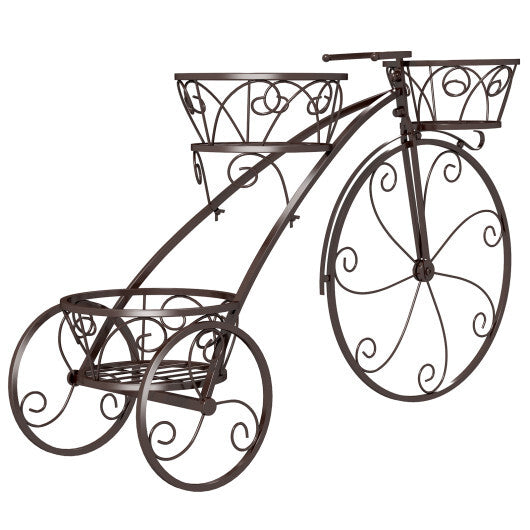 Tricycle Plant Stand Flower Pot Cart Holder with 3 Hollowed Baskets-Black