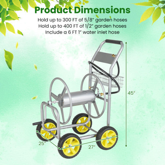 Garden Hose Reel Cart Metal Hose Cart with 4 Wheels and Storage Basket-Green