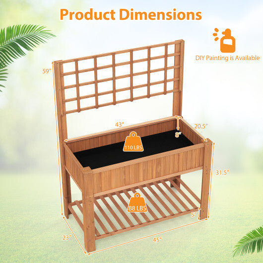 Raised Garden Bed with Trellis Wooden Elevated Planter Box with Legs-Natural