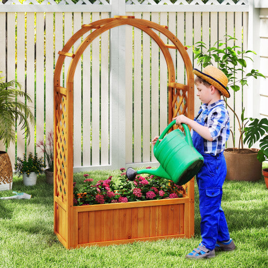 Raised Garden Bed with Lattice Trellis Ached Roof Wooden Elevated Planter Box-Brown