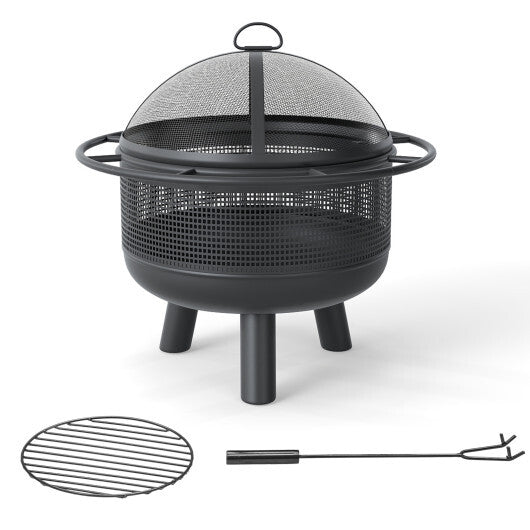 24 Inch Wood Burning Fire Pit with Log Grate and  Mesh Screen for Outside