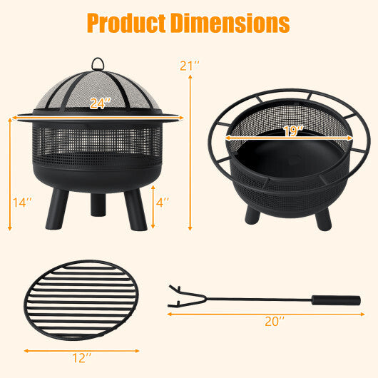 24 Inch Wood Burning Fire Pit with Log Grate and  Mesh Screen for Outside