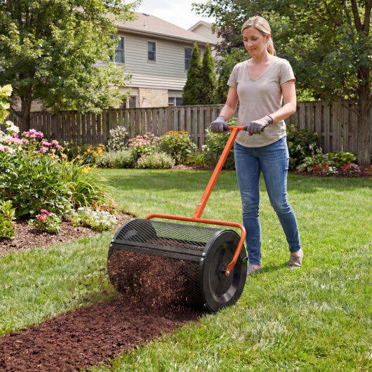 Compost Spreader 24 Inch Peat Moss Spreader Roller with Height-adjustable T-shape Handle-Green