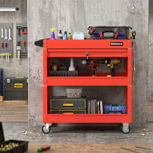3 Tier Rolling Tool Cart with Lockable Drawer for Garage and Workshop-Black