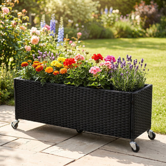 Raised Garden Bed PE Rattan Wicker Patio Planter Box with Liner and Wheels