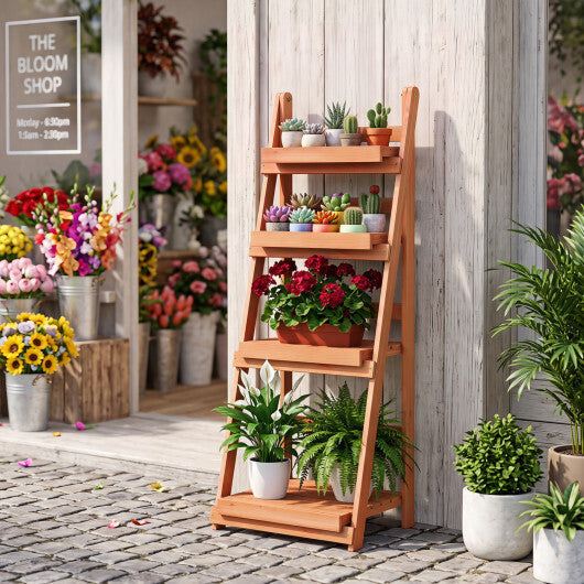 4-Tier Foldable Plant Stand with Slatted Shelves for Garden-Orange